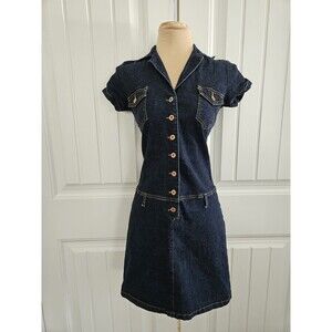 Tommy Hilfiger Vintage Y2K Denim Dress Sz M Dropped Waist Button Front Stretch
